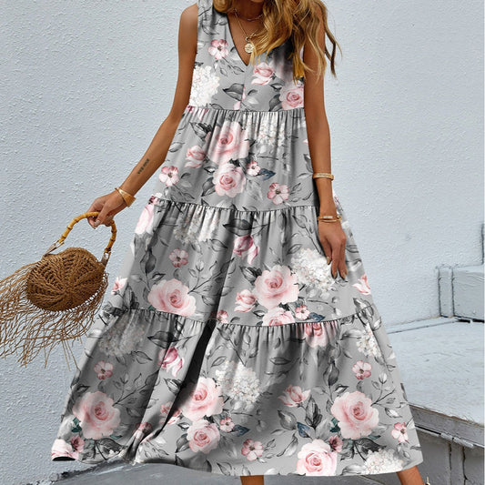 Cindely Printed V-neck Patchwork Large Swing Dress