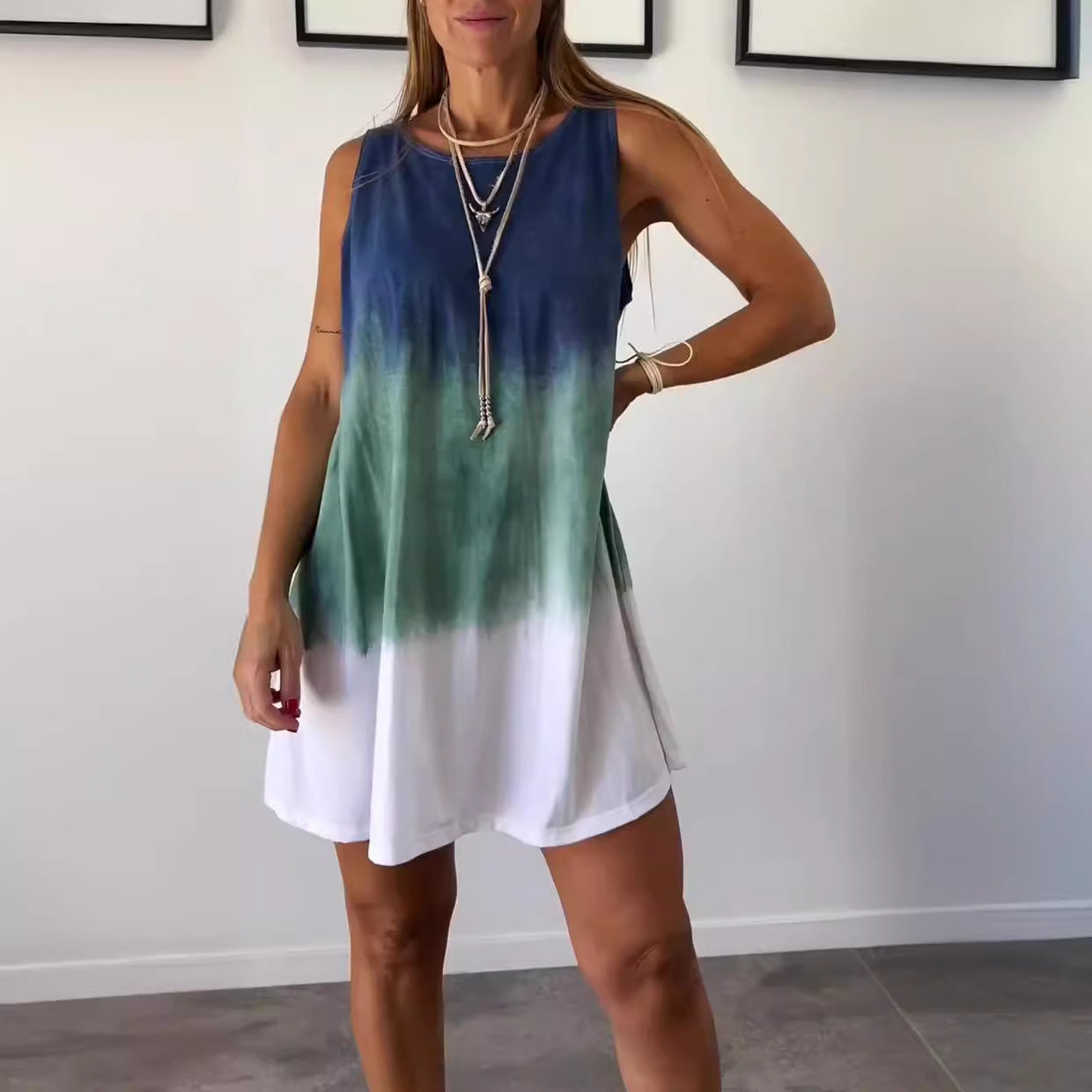 Cindely Elegant Tie-dye Print Sleeveless Loose Dress