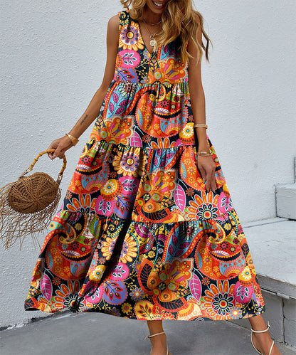 Cindely Printed V-neck Patchwork Large Swing Dress