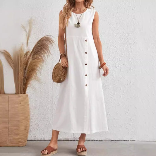 Cindely Round Neck Sleeveless Fastener Decoration Long Slit White Cotton Linen Dress