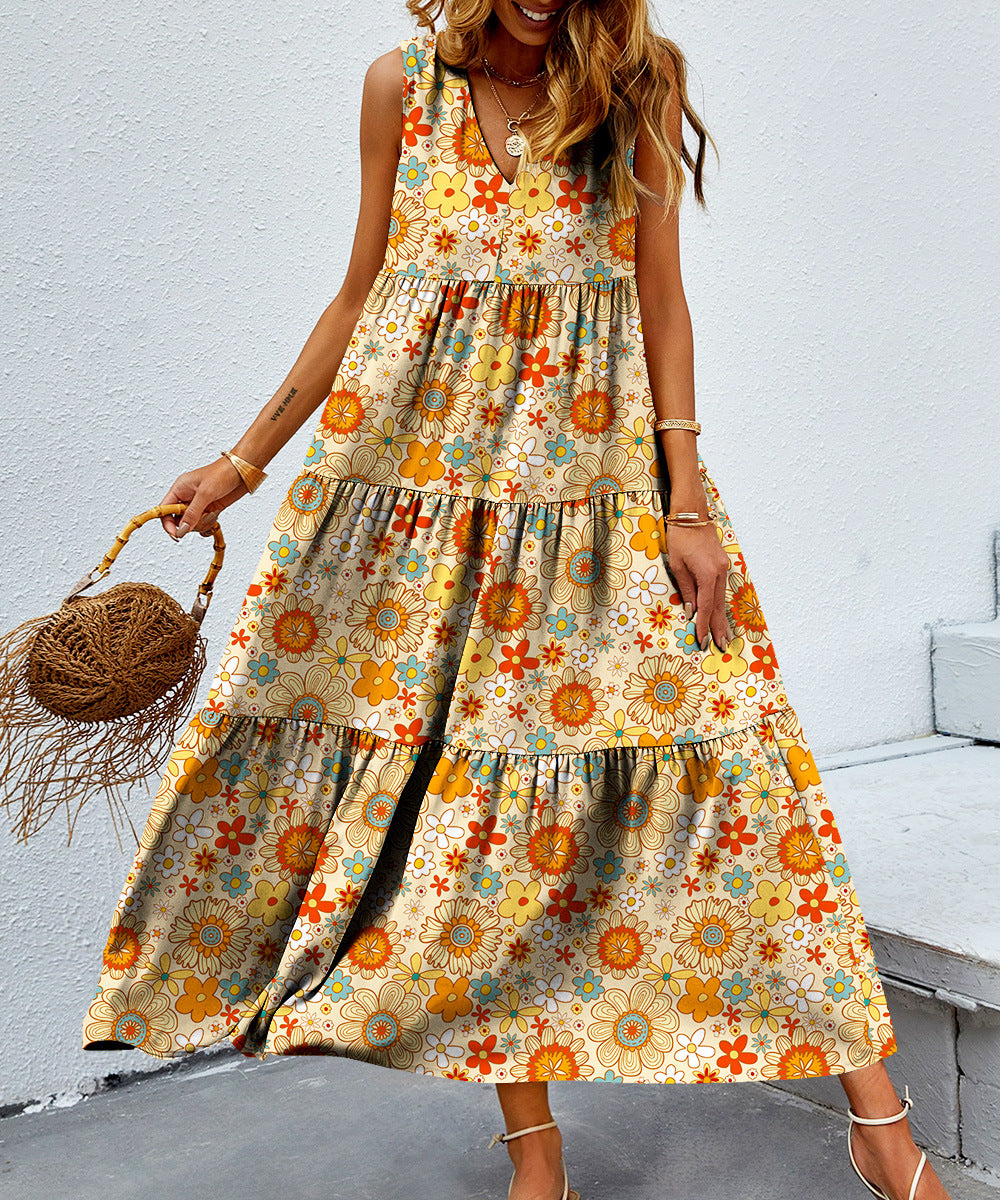 Cindely Printed V-neck Patchwork Large Swing Dress