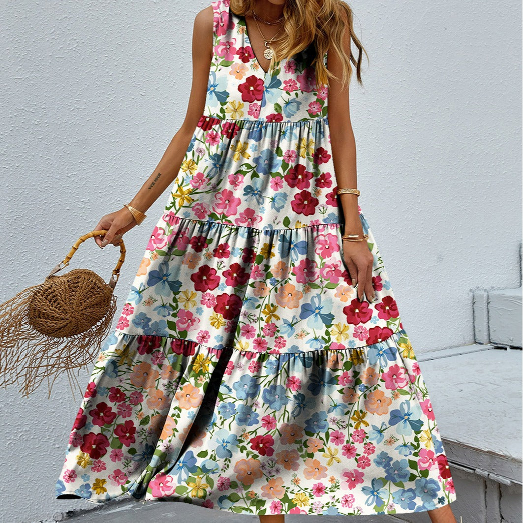 Cindely Printed V-neck Patchwork Large Swing Dress