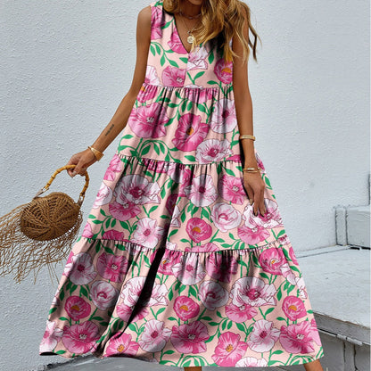 Cindely Printed V-neck Patchwork Large Swing Dress