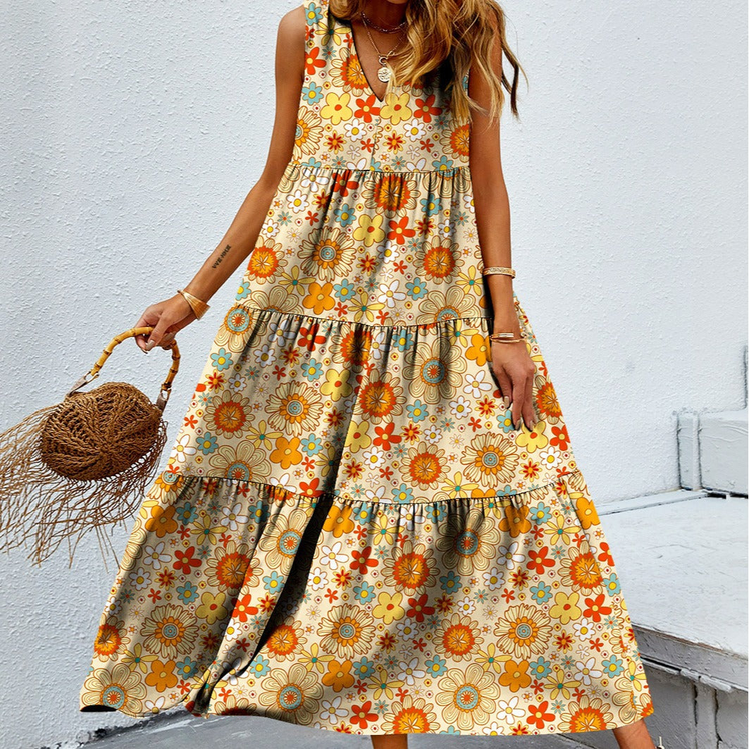 Cindely Printed V-neck Patchwork Large Swing Dress